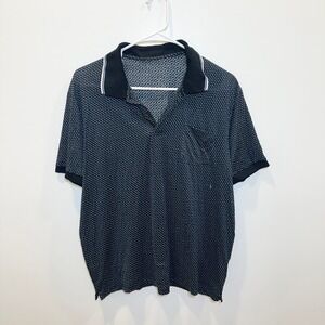 Prada Mens Geometric Micro Print Polo Shirt Navy Blue Short Sleeve Pocket Logo
